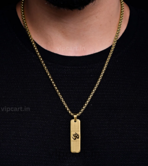 OM PENDANT WITH DOTTED PATTERN GOLD STAINLESS STEEL NECKLACE CHAIN FOR MEN (24 INCH)